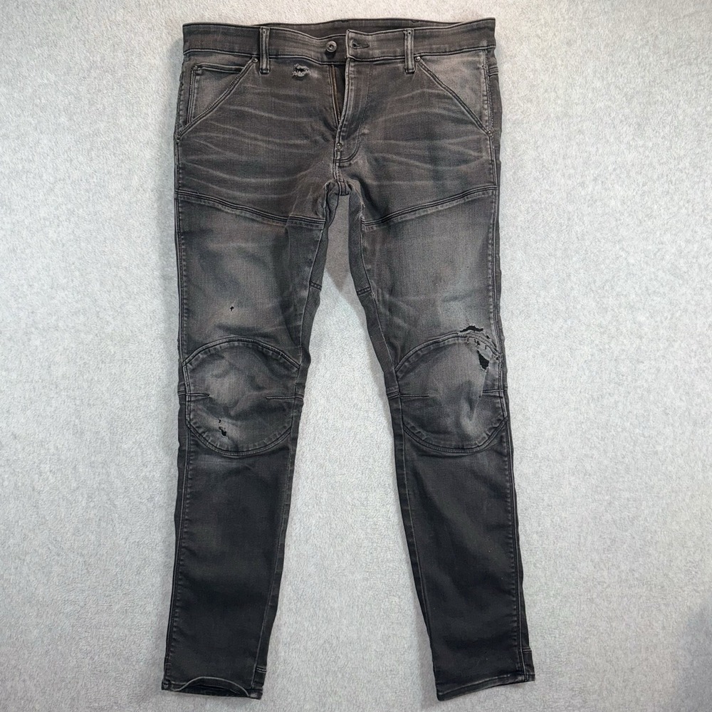 G-Star Raw 5620 3D Skinny‎ Jeans Mens 36x32 Black Distressed Stretch Rocker Moto - Picture 2 of 16